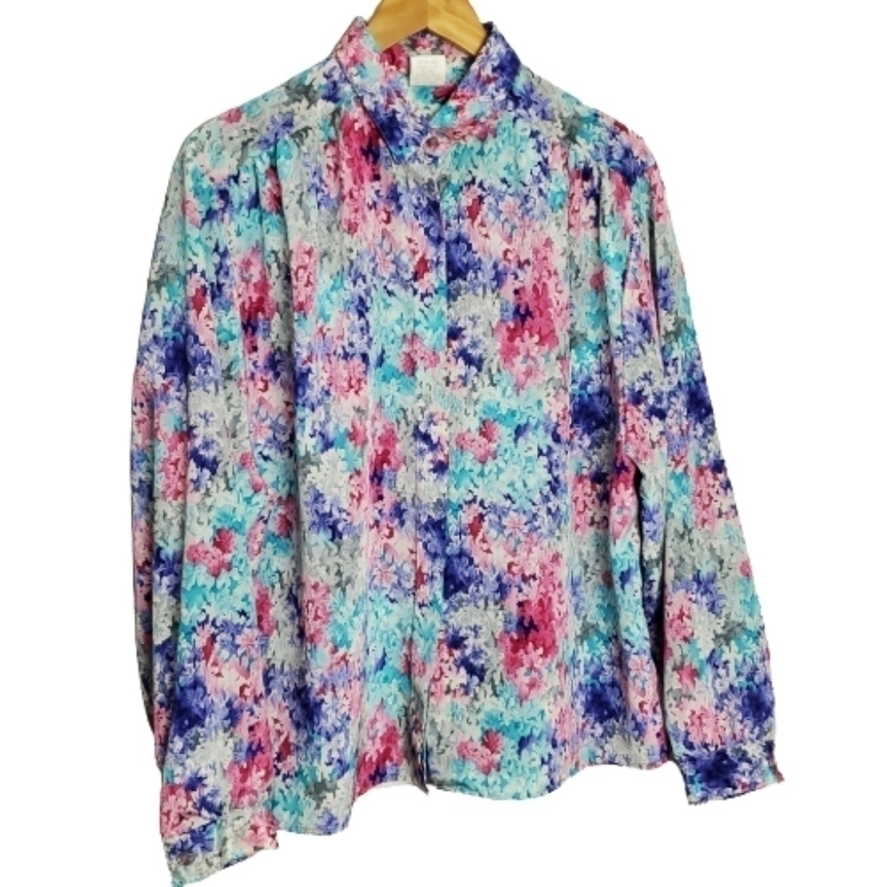 80s Vintage Pastel Floral Watercolor Button Down Long Sleeve Blouse Size 18